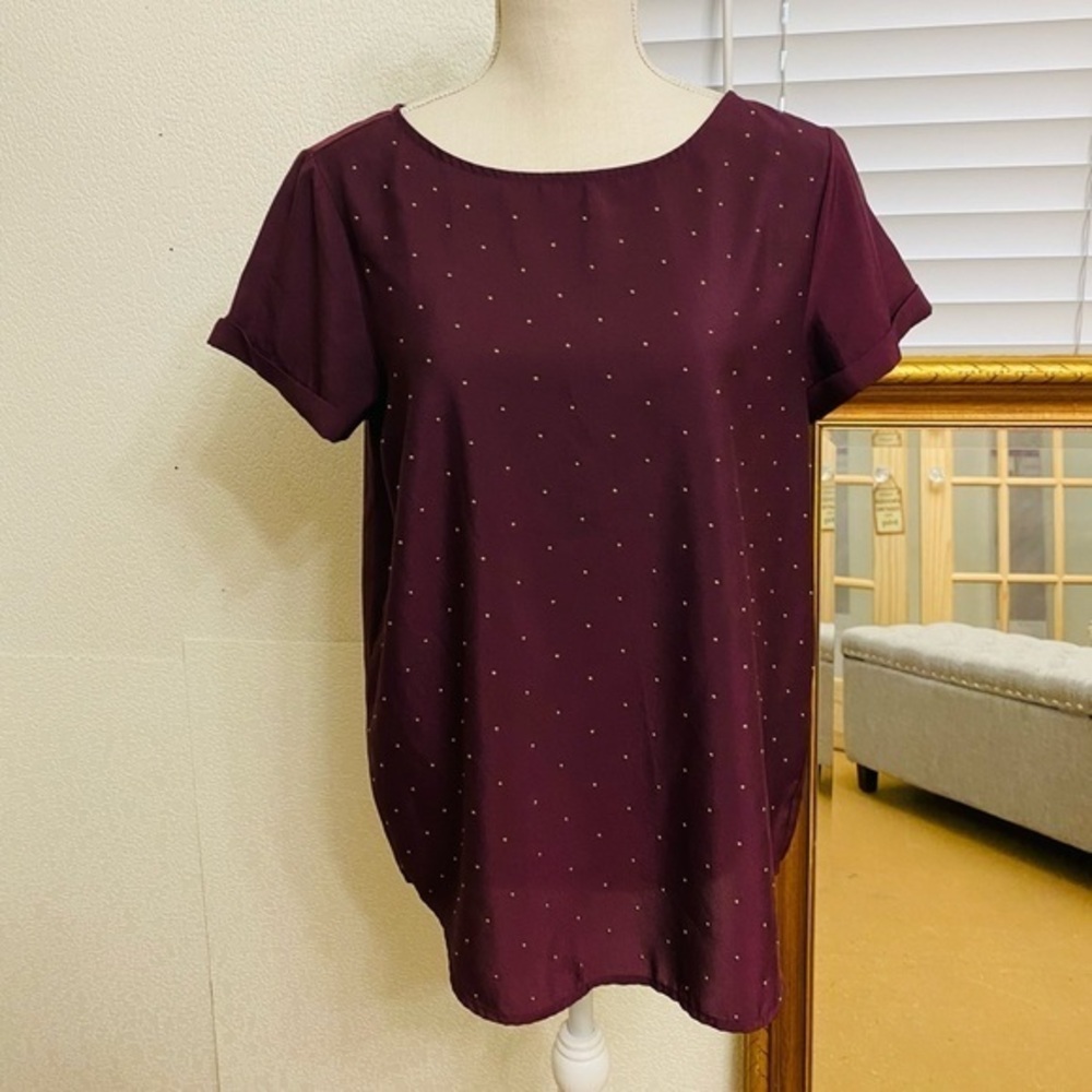 Gap Factory short sleeve plum blouse with gold embellishment, Sz. M
